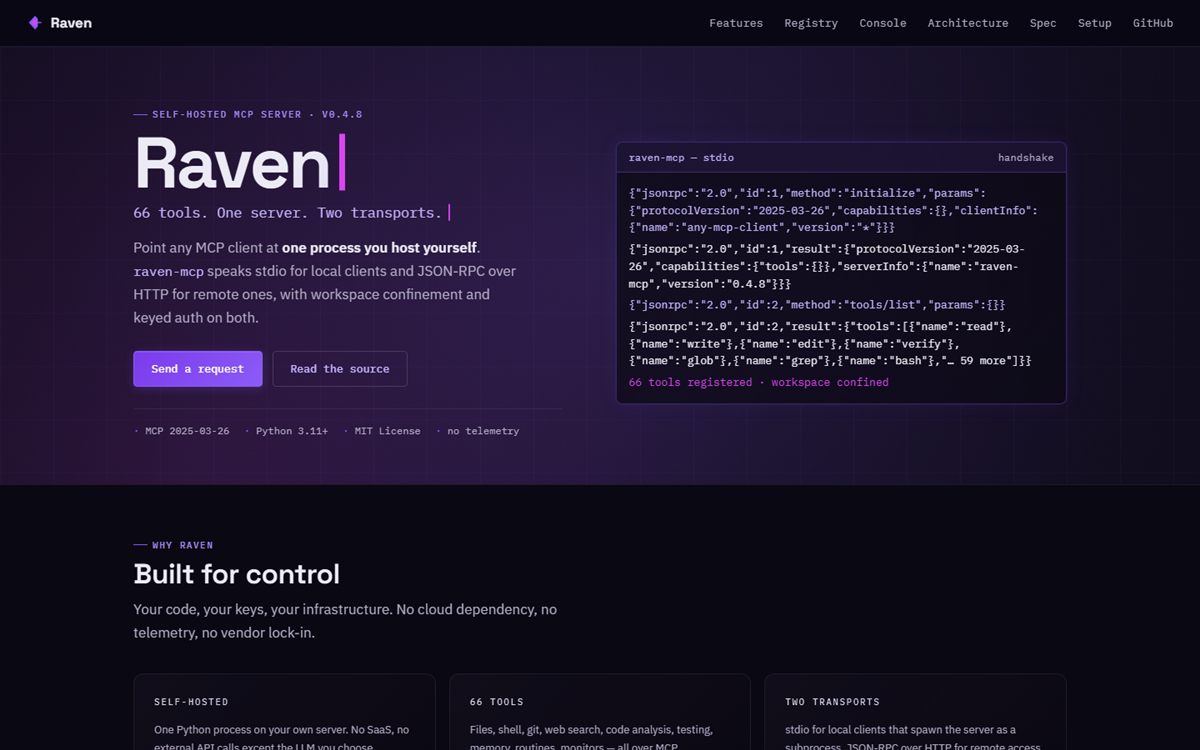 Сайт Raven: self-hosted MCP-сервер с 66 инструментами